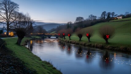 St patrick's day river landscape with green hills and trees