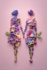 Floral Embrace: Two figures, exquisitely crafted from a vibrant array of blooms, tenderly clasp hands, symbolizing unity, love, and the exquisite beauty of nature.