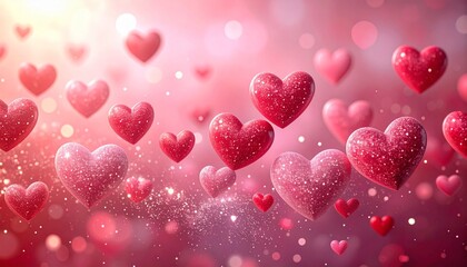 ピンクのキラキラ背景に浮かび上がるハート型チョコ　バレンタイン、ウェディング素材