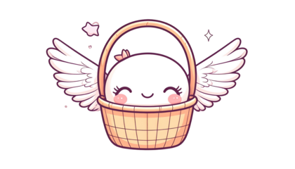 Cute cartoon Easter egg character with wings in a woven basket, smiling, on a black background