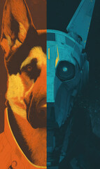 Canine Fusion: A split image of a sleek canine, merging the natural with a futuristic robotic counterpart, revealing a captivating study in contrasts, technology, and evolution.