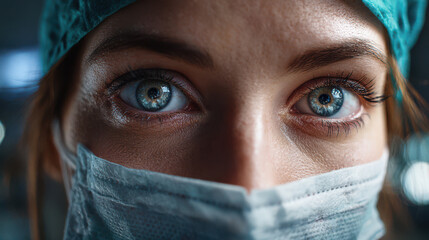 Resilient Gaze: A close-up portrait of a healthcare professional, eyes gleaming with determination and compassion, adorned in surgical attire.