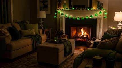 Cozy st patrick's day living room with fireplace and green decorations