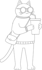 Cute Cat Wearing Sunglasses and Sweater Drinking Soda Coloring Page