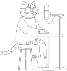 Cute Cartoon Cat Podcaster or Streamer Working on Laptop Coloring Page