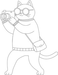Cute Cartoon Cat Photographer with Camera and Sunglasses Coloring Page