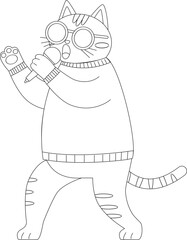 Cute Cartoon Cat Singing into Microphone Outline Coloring Page