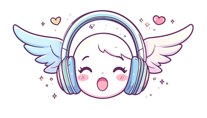 Cute character with headphones, wings, and hearts. Simple style with pastel colors