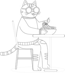 Cute Cartoon Cat Eating a Meal Outline Coloring Page