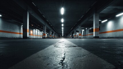 epilogue. An empty underground concrete parking garage with long perspective and harsh fluorescent lighting. real-estate listings.