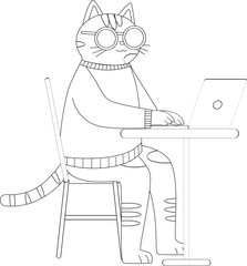 Cute Cartoon Cat Sitting at Table Working on Laptop Outline Coloring Page