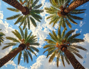 A low-angle shot captures the tops of four palm trees against a brilliant blue sky dotted with fluffy white clouds