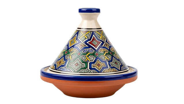 Traditional ceramic tagine pot with moroccan patterns isolated on transparent background