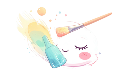 Cute, pastel creature with makeup brush, bottle, and light streaks, closed eyes