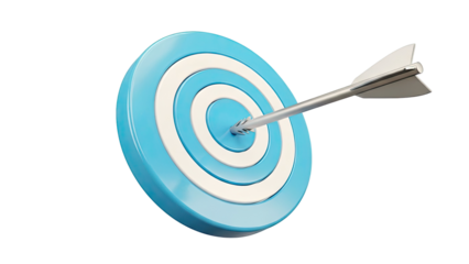 Arrow hitting the bullseye on a blue and white target