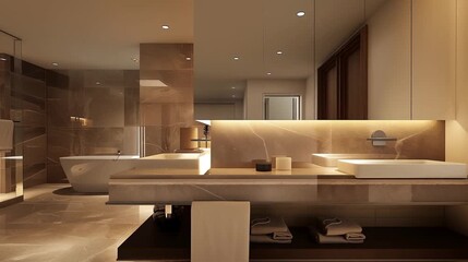 Opulent bathroom featuring warm lighting and highend fixtures