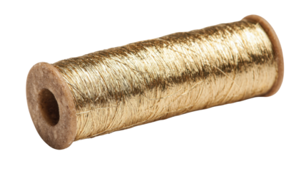 Metallic golden thread wrapped around a wooden spool, ideal for craft, sewing, embroidery, and textile design projects. Transparent background
