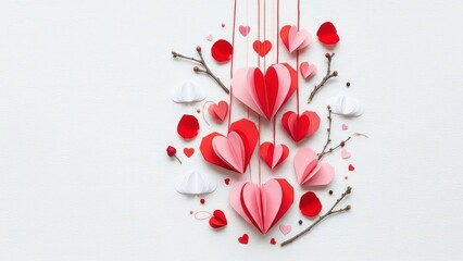 Obraz premium Handcrafted Paper Hearts Hanging from Twigs on White Background