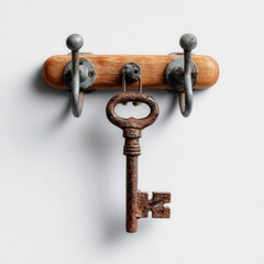 Key on the hook: An aged key hanging from a rustic hook, a timeless emblem of access and memory, poised against a subtly textured surface.