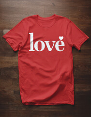 Expressive Love: A vibrant red tee-shirt with the word 'love' is centered, conveying a message of affection and warmth. Perfect for expressing emotions, this tee-shirt stands as a symbol of care.