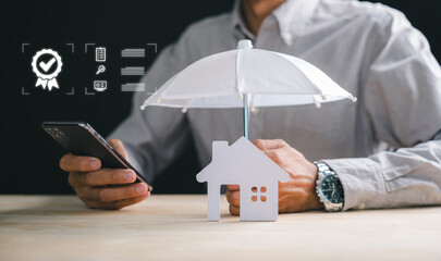 Home insurance, house property concept, man shows umbrella protection for mortgage, protecting property, securing hous for owner, safeguarding investment