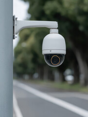 Security Lens in Vigilance: A close-up shot of a modern security camera, mounted securely on a pole, overlooks an empty road with a blurred background, showcasing the power of surveillance.