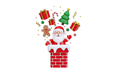 Santa Claus Emerging from Chimney with Christmas Decorations