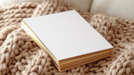 Book on a Cozy Blanket: A blank book rests invitingly on a soft, textured blanket. The scene whispers of quiet moments and contemplation. The neutral tones create a feeling of calmness and comfort.