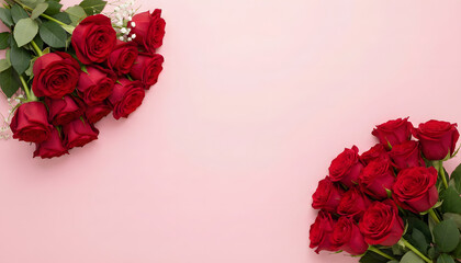 Red Roses: A pair of vibrant bouquets of red roses arranged, blooming against a backdrop of soft pink. It's a testament to the timeless beauty of these elegant flowers.