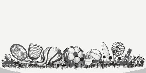 A collection of various sports equipment arranged on a grassy surface