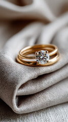 Timeless Rings: A close-up showcases the elegance of a gold engagement ring paired with a sleek wedding band, resting gracefully on a draped satin fabric.