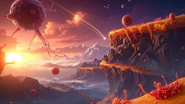 Fantastic alien world with strange creatures and beautiful landscape.