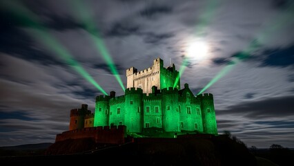 St patrick's day castle illuminated green for irish holiday celebration