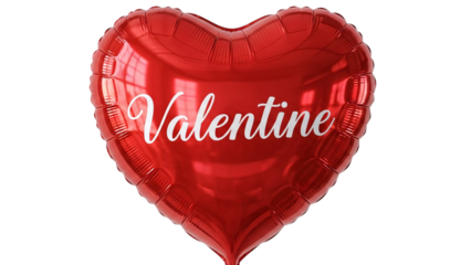 Bright red heart shaped foil balloon with white valentine message centerpiece isolated on transparent background