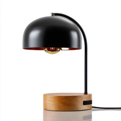 Modern Lamp with Unique Design: This modern lamp, featuring a sleek black shade and wooden base, illuminates the space with a warm, inviting glow. Its unique design creates a statement piece. 