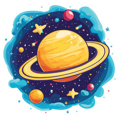 Cartoon planet with ring and comet, a whimsical illustration of space and celestial bodies for kids and astronomy enthusiasts , vector style simple color