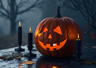 Scary halloween pumpkin face with glowing candle lights in dark background smoke with decorative holiday concept