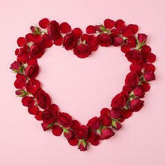 Heart of Roses: A captivating arrangement of vibrant red rose petals and blossoming buds forming a heart shape, an exquisite symbol of love and affection.