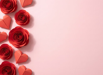 Floral and Origami Hearts on a Soft Pink Backdrop: A charming composition of delicate paper roses and origami hearts adorns a subtle pink backdrop, casting soft shadows, ideal for romantic concepts.
