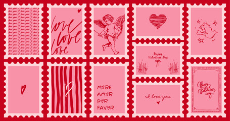 Valentine’s Day Postage Stamp Set with Hand Drawn Cupid Doodles, Cake, Cherry, Bow, and Romantic Line Art Vector Illustration