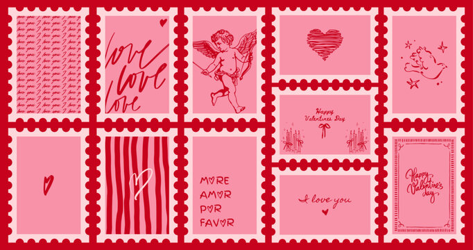 Romantic Hand Drawn Doodle Love Stamp Collection &ndash; Valentine Icons with Wine, Sweet Desserts, Celebration Elements for Wedding Invitation, Packaging, Social Media & Printable Design