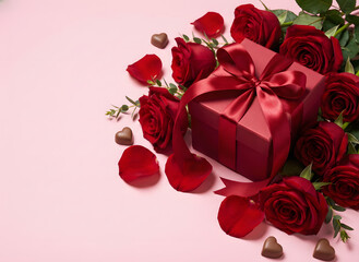 Romantic Gift: A vibrant ensemble of red roses and a beautifully wrapped gift box, complemented by chocolate, is presented against a gentle pink background, expressing affection and celebration.