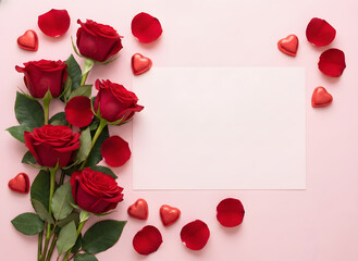 Romance Unveiled: A romantic display of radiant red roses, delicate petals, and heart-shaped candies surrounds a blank paper, perfect for conveying heartfelt emotions. 