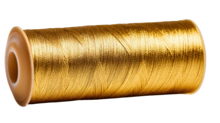 Golden metallic thread spool for sewing, embroidery, and craft projects, isolated on transparent background