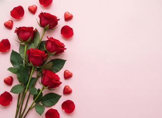 Eternal Blooms and Sweetest Moments: A captivating arrangement of vibrant red roses and delicate petals, harmonized with heart-shaped chocolates, against a serene pastel backdrop.