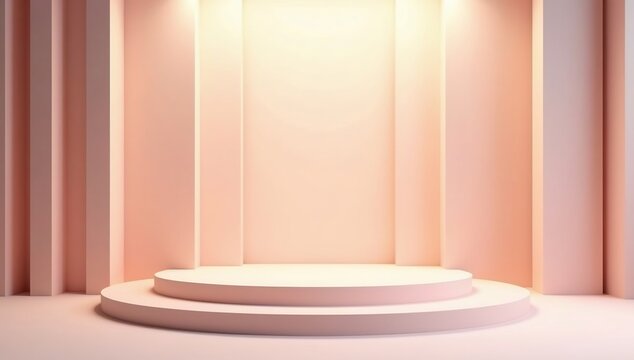 Elegant 3d visualization of a circular podium stage with soft peach vertical panels and warm uplighting