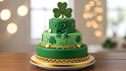 St patrick's day green cake with shamrock decoration and gold accents for irish celebration