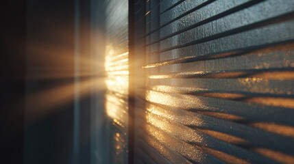Sunlight streams through a closed window blinds, casting a warm glow. The light creates intriguing shadows and textures, highlighting the room&rsquo;s atmosphere