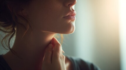 Woman touching neck portrait in sunlight