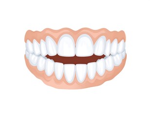 Obraz premium A cartoon illustration of a complete set of upper and lower teeth, showing white enamel and gum